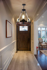 Wellmet Farmhouse Chandelier, Wood Wagon Wheel Chandelier with Seeded Glass Shade, Hanging Rustic Round 3 Lights Ceiling Pendant Lighting Fixture for Dining Room, Living Room,Foyer, Kitchen Island Wellmet