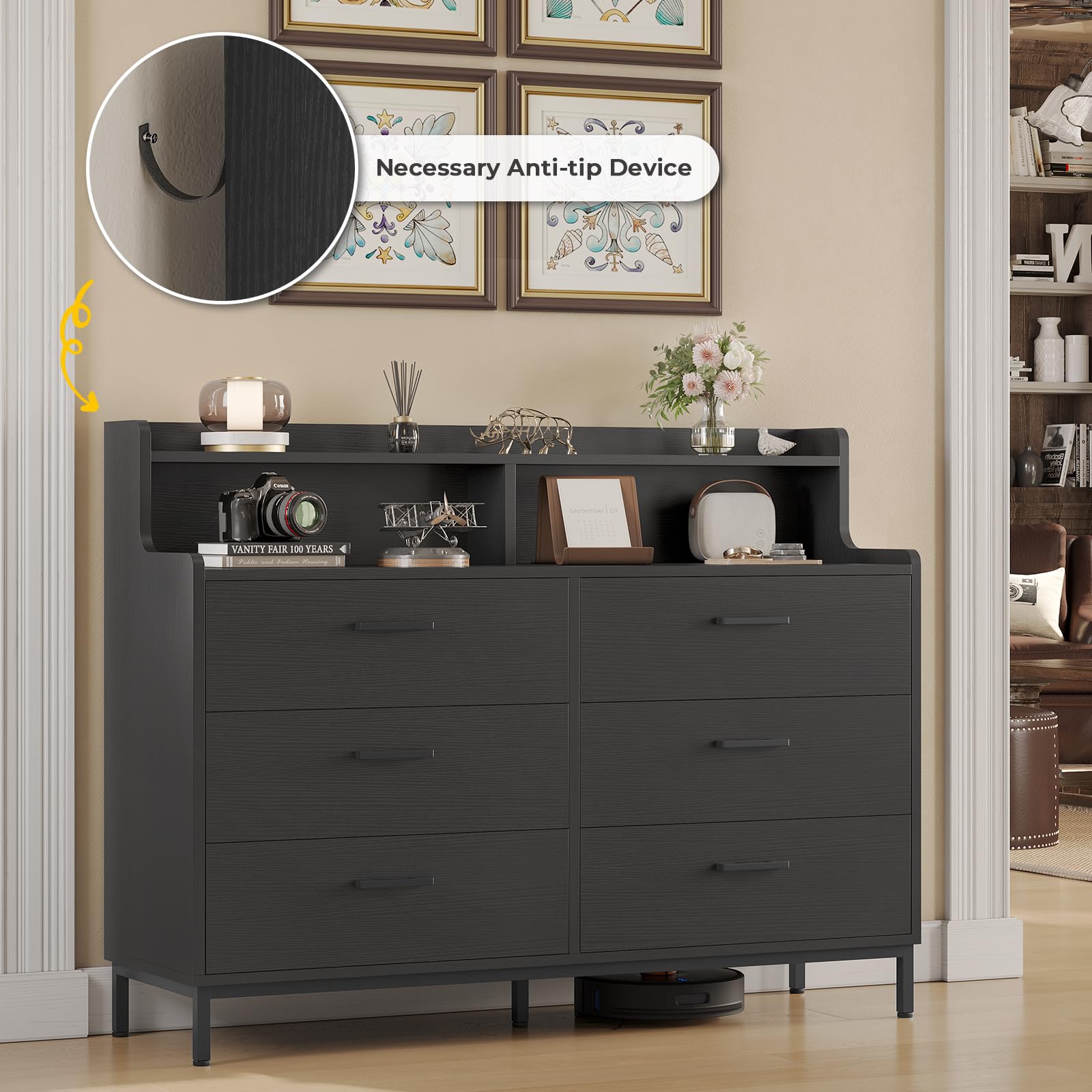 Hasuit 6 Drawers Double Dresser with Shelves