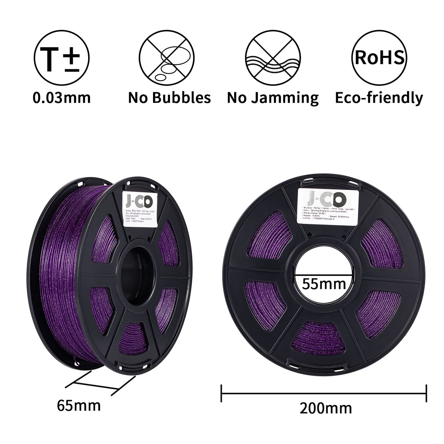 J-CD 3D Printer PETG Filament, Sparkly Glitter Purple, Shining Glow in The Dark Green, 1.75mm, 2.2LBS(1KG)/Spool - WoodArtSupply