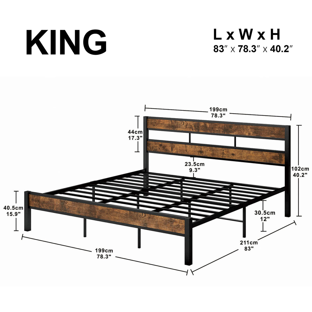 LIKIMIO King Bed Frame and Headboard, Easy Assembly, Noise-Free, No Box Spring Needed, Heavy Strong Metal Support Frames, Vintage Brown LIKIMIO