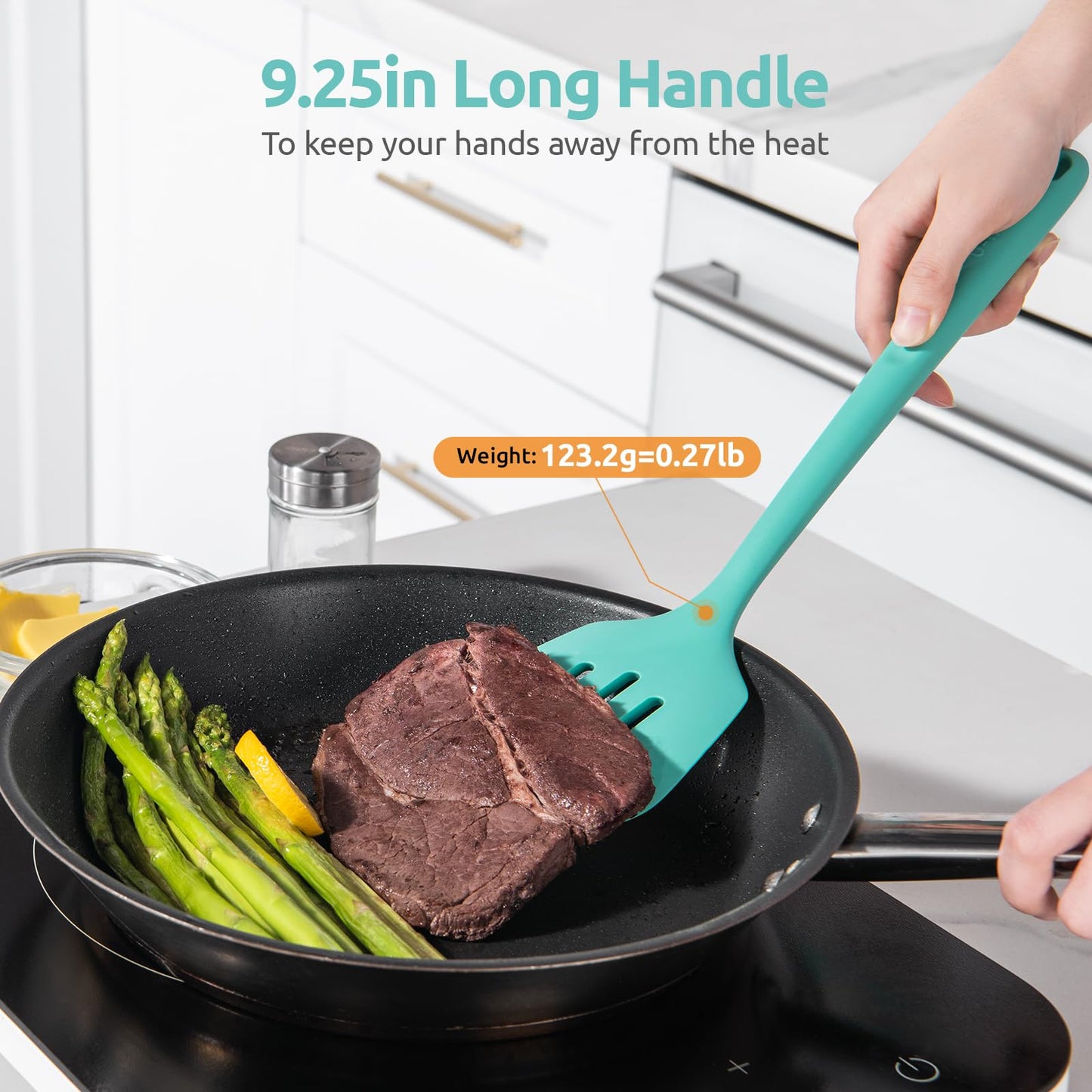 600ºF Heat Resistant Silicone Turners: U-Taste 13.6in Long Solid & Slotted Kitchen Spatula Flipper, Wide and Large Flexible Cooking Utensil for Flipping Egg, Pancake, Cookie (Aqua Sky, 2PCS)