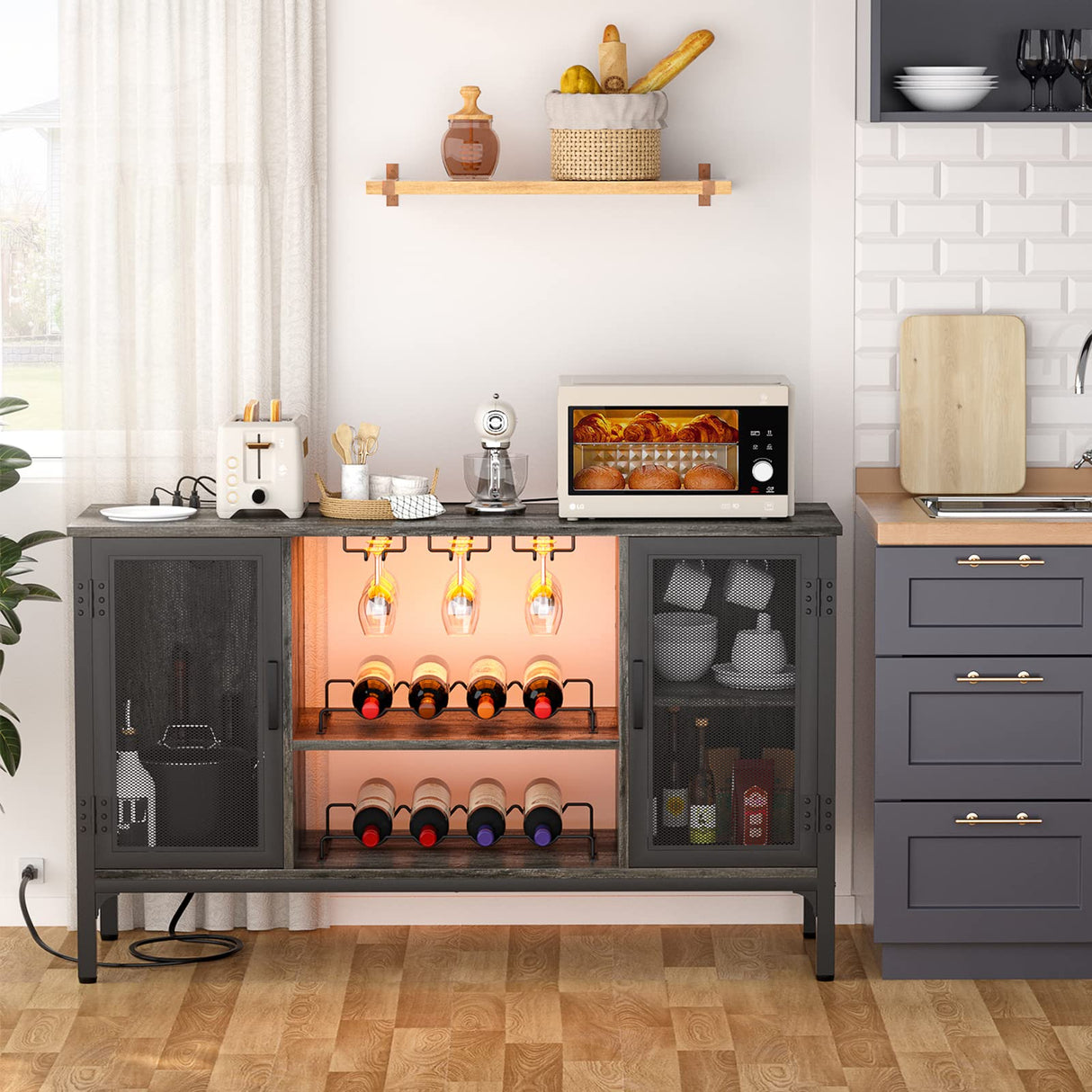 Homieasy Wine Bar Cabinet with Led Lights and Power Outlets, Industrial Coffee Bar Cabinet for Liquor and Glasses, Farmhouse Bar Cabinet with Removable Wine Racks, Black Oak Homieasy