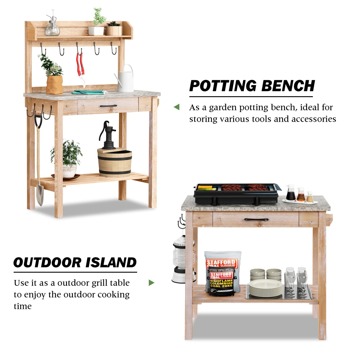 HOLTICO Outdoor Potting Bench Table with Metal Tabletop, Planting Table Potting Work Station with Storage Drawer and Removable Shelf Rack, Garden Potting Table for Outdoors - WoodArtSupply