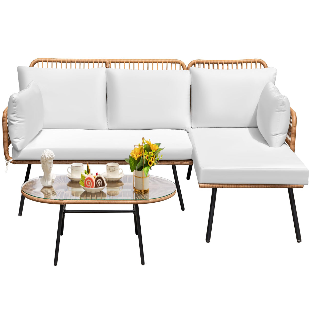 Greesum Outdoor Rope Woven Patio Furniture L-Shaped Conversation Sectional Sofa Set Detachable Lounger for Backyard Porch with Thick Cushions & Long Table, White Greesum