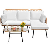 Greesum Outdoor Rope Woven Patio Furniture L-Shaped Conversation Sectional Sofa Set Detachable Lounger for Backyard Porch with Thick Cushions & Long Table, White Greesum