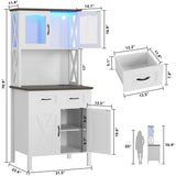 IRONCK 71" Pantry Cabinet with LED Lights and Charging Station, Tall Kitchen Storage Cabinet with Microwave Stand, Farmhouse Kitchen Hutch for Dining Room, White IRONCK