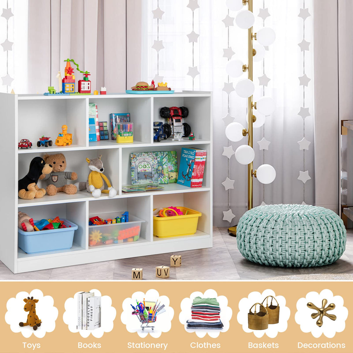 KOTEK 8-Cubby Wooden Kids Bookshelf - Versatile Toy Storage Organizer for Nursery, Playroom, and Classroom KOTEK
