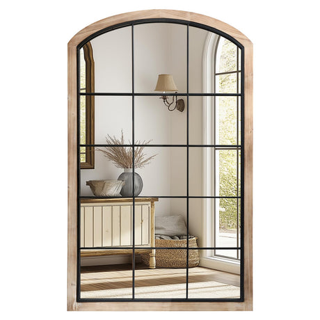 IPOUF Arch Window Mirror, 30X48 Farmhouse Arch Wall Mirror, Wood Framed Rustic Mirror Metal Inner Frame Mirror Decorative for Entryway & Living Room,Natural IPOUF
