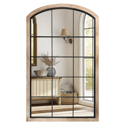 IPOUF Arch Window Mirror, 30X48 Farmhouse Arch Wall Mirror, Wood Framed Rustic Mirror Metal Inner Frame Mirror Decorative for Entryway & Living Room,Natural