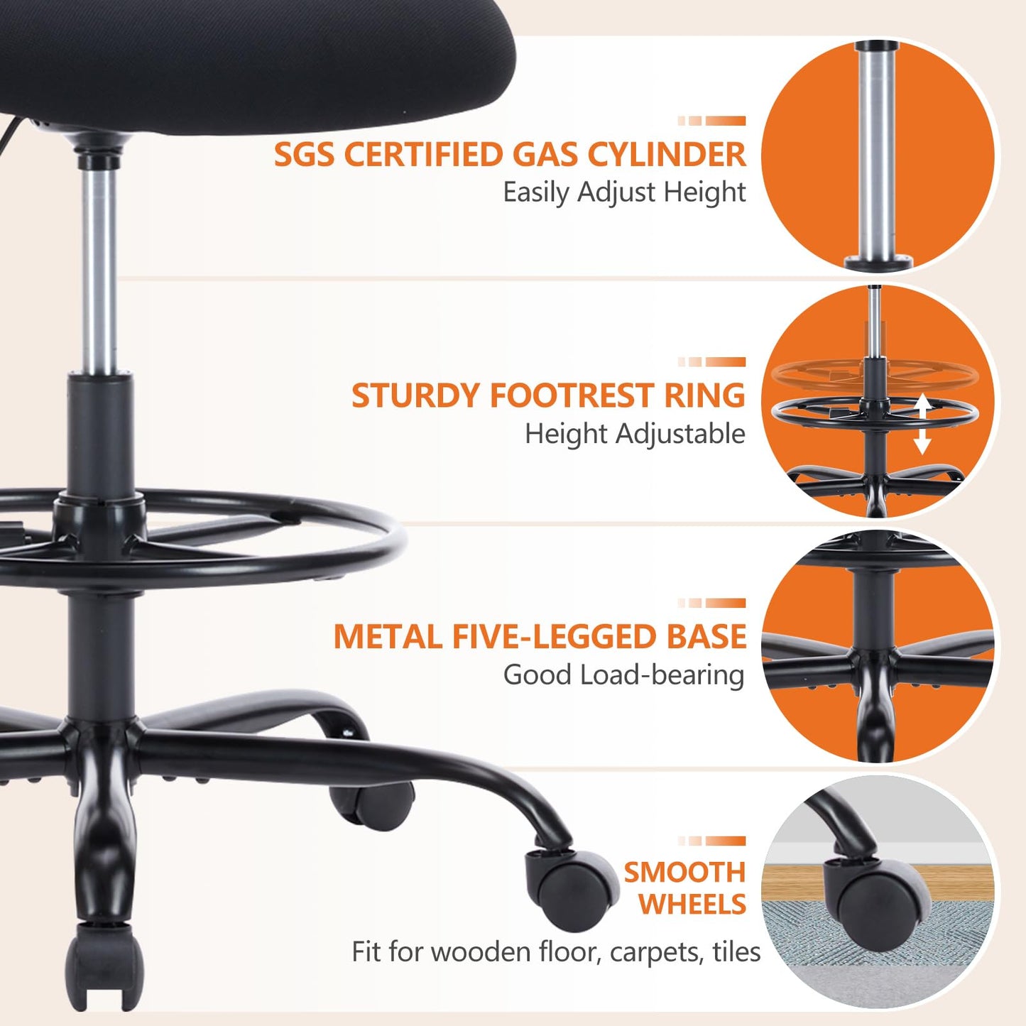 Sweetcrispy Tall Drafting Desk Chair - Ergonomic High Stool Computer with Adjustable Height and Comfy Lumbar Support, Office Rolling Counter for Standing Desk with Flip-up Arm and Footrest, Black