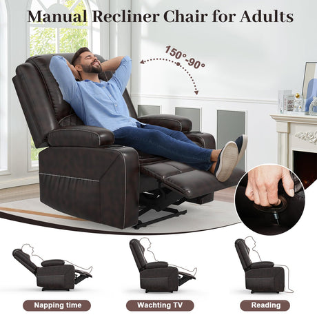 Yolsali Recliner Chairs for Adults, Oversize Manual Reclining Chair with 2-Tier Cushions, Faux Leather Recliner Chair with Hidden Storage Space, Living Room Recliner Chairs with Cup Holders - Brown Yolsali