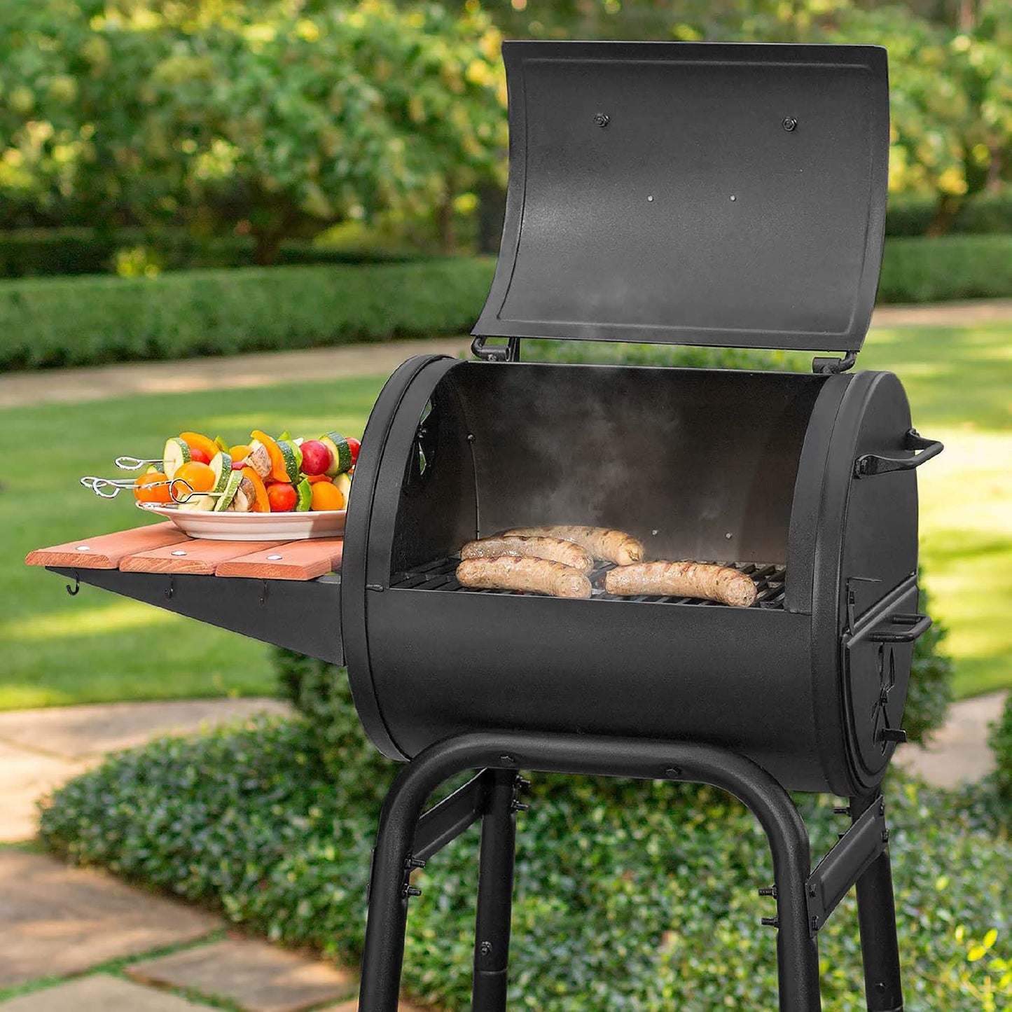 Char-Griller® Patio Pro Charcoal Grill and Smoker with Cast Iron Grates, Premium Wood Shelf and Damper Control, 250 Cooking Square Inches in Black, Model E1515