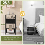 Yoobure Side Table - Night Stand with Charger Station & LED Light, 3 Tier Small End Table Living Room, Bedside Table with Drawer, Record Player Stand with Vinyl Storage, Black Nightstand for Bedroom Yoobure