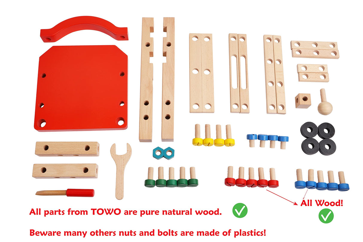 Wooden Nuts and Bolts Set - Construction Work Bench Chair - Wooden Construction Kits for Kids - Wooden Toys for 4 Years Old -Compatible with TOWO Nuts Bolts Set Toys of Wood Oxford