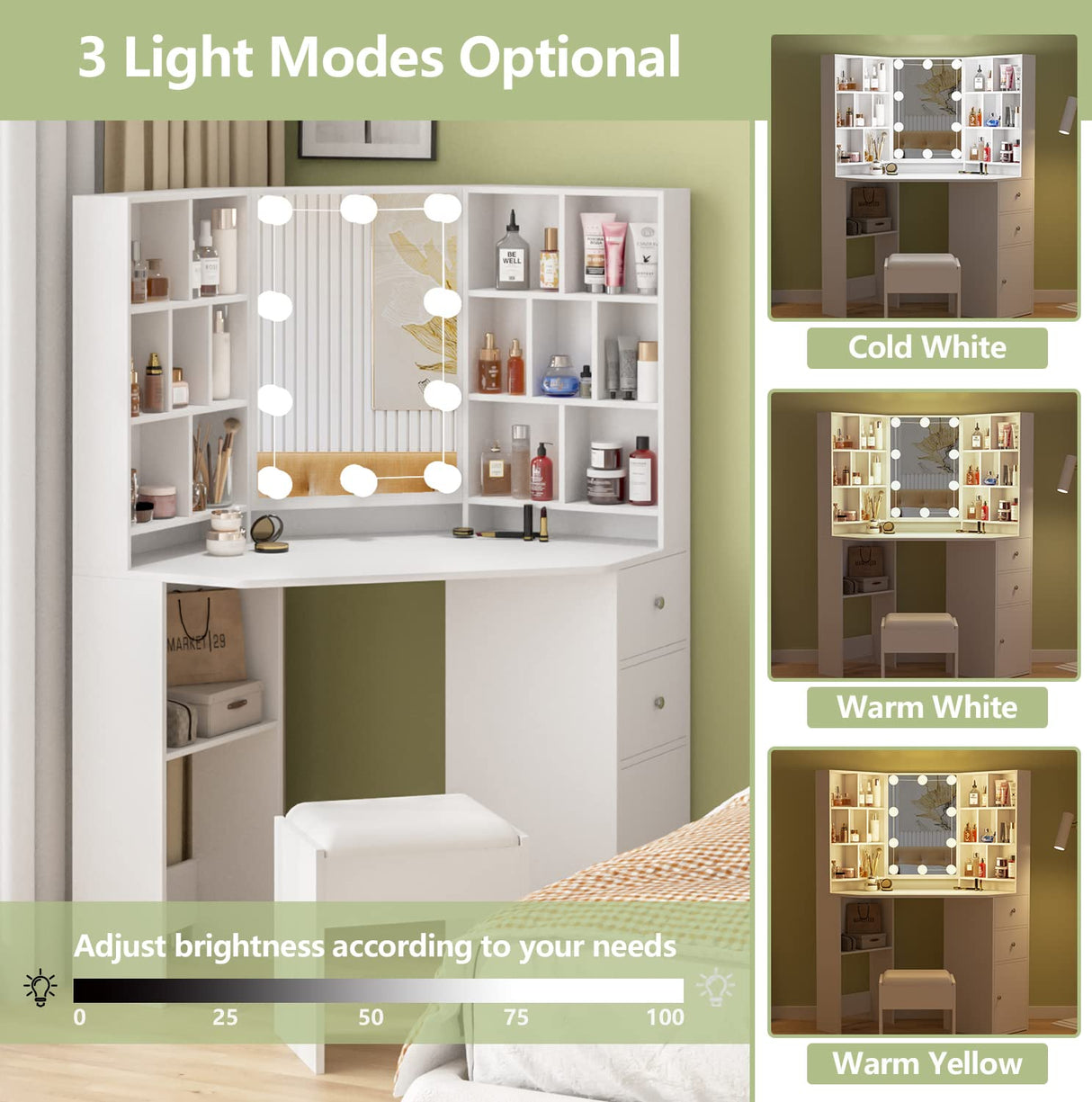 Fameill Corner Makeup Vanity Desk with Lighted Mirror,White Vanity Set with Lights,Large Dressing Tables with Lots Storage for Bedroom,3 Lighting Modes with Adjustable Brightness,46 Inch Fameill