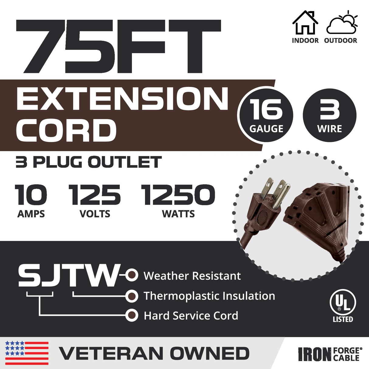 Iron Forge Cable 75 Ft Brown Extension Cord with 3 Outlets - 16/3 SJTW Weatherproof Outdoor Extension Cord with Multiple Outlets 3 Prong, Heavy Duty Wire 10 AMP for Garden, Lawn, Light Decoration IRON FORGE CABLE