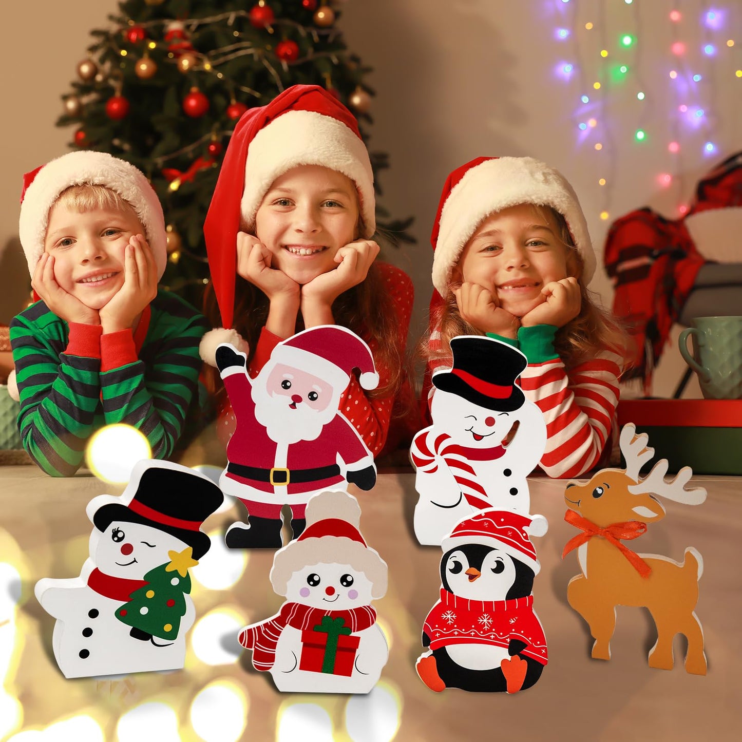 Fashlits 6 Pcs Christmas Snowman Wooden Decorations Indoor, Cute Winter Wood Table Sign with Snowman Penguin Elk Santa Claus for Xmas Party Home Office Shelf Decor