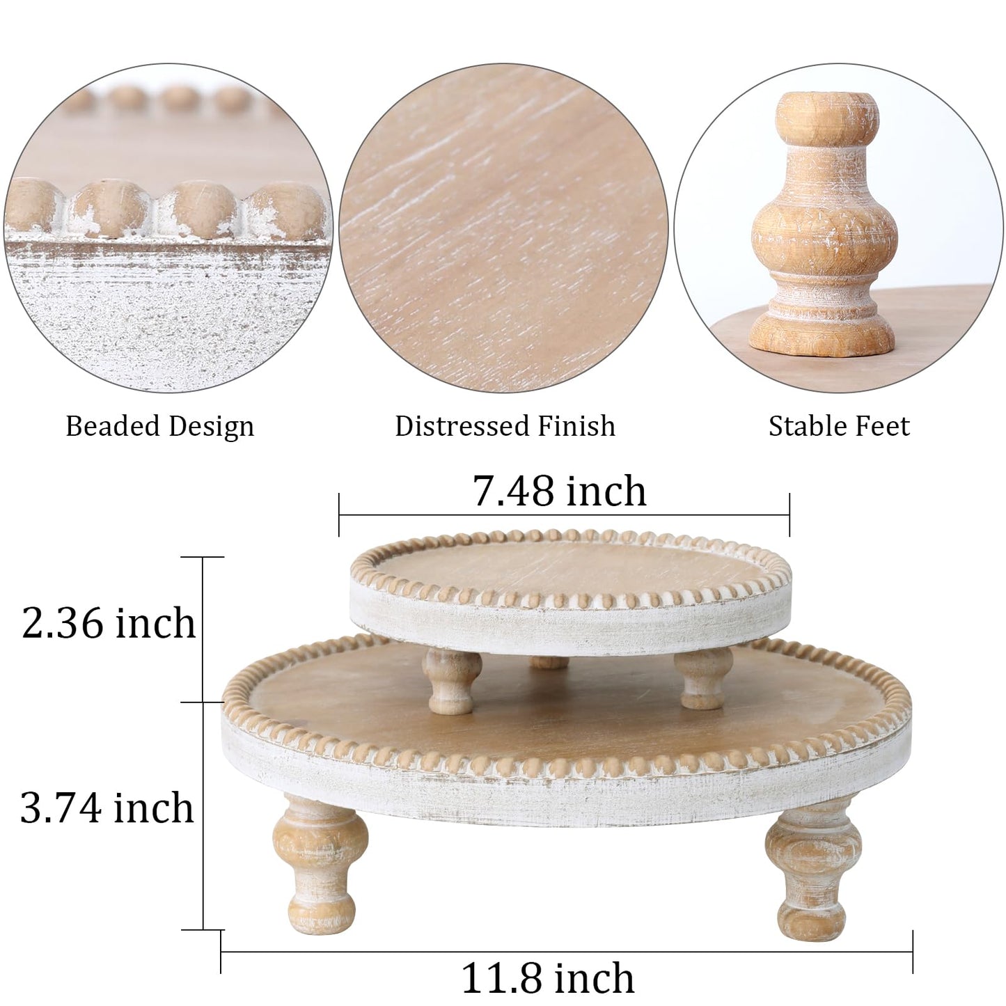 SwallowLiving Rustic Set of 2 Round Wood Tray Riser Farmhouse Pedestal Stand with Beaded Edge for Decor Wooden Finish Cupcake Display for Cakes and Decorative Items 11.8/7.5 inches