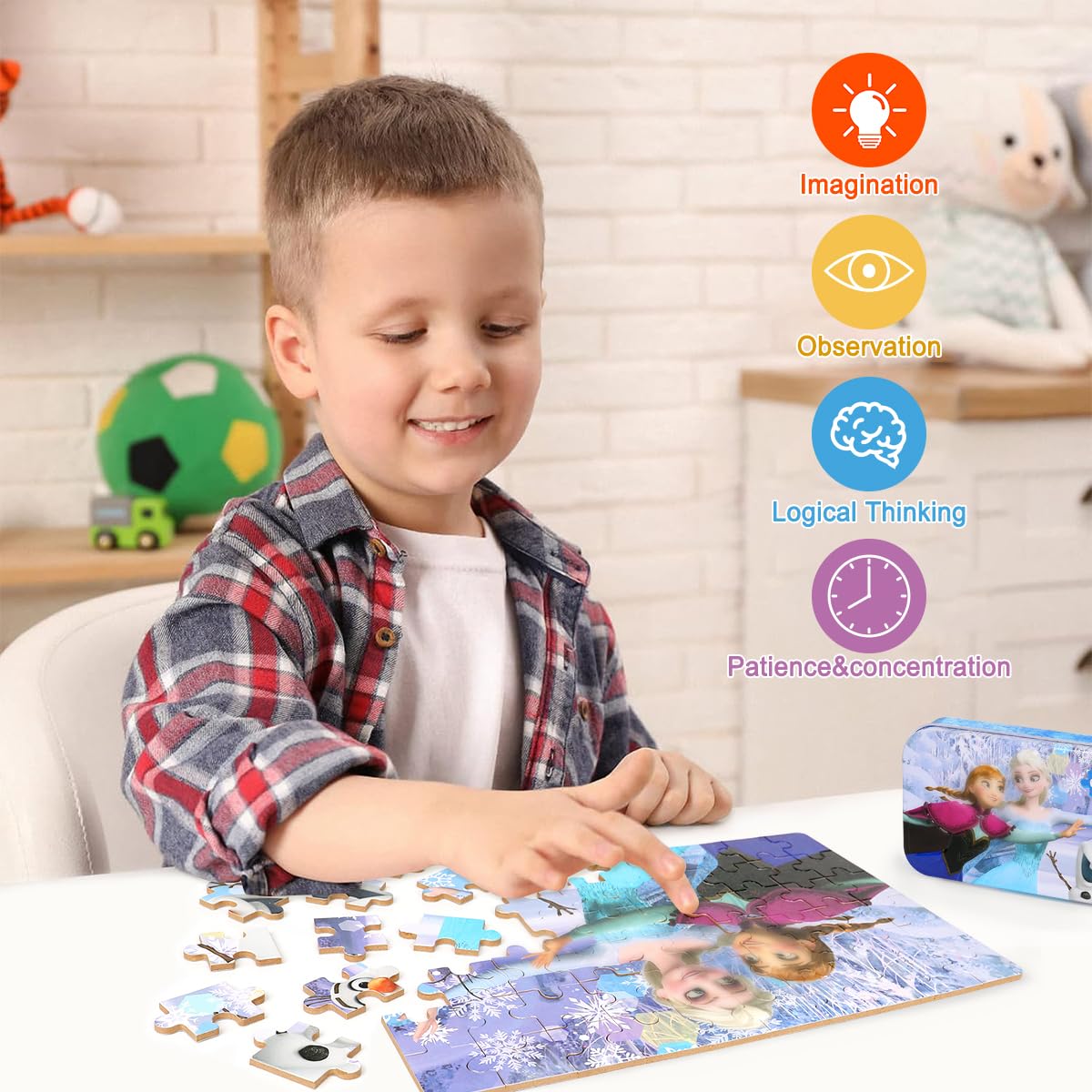 Puzzles for Kids Ages 4-8,Kids Puzzles in a Metal Box,Winter Princess Snowman Puzzles,Kids Boys Girls Learning Educational Puzzles Packed in Tin Box,60 Pieces wieewg