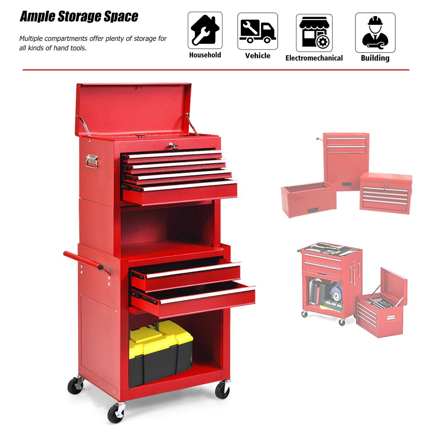 6 Drawer Rolling Tool Chest,Red Large Tall Tool Box with Wheels,Lockable Stand up Toolbox,Metal Garage Tool Cabinets Organizer,Rolling Tool Cart for Workshop - WoodArtSupply