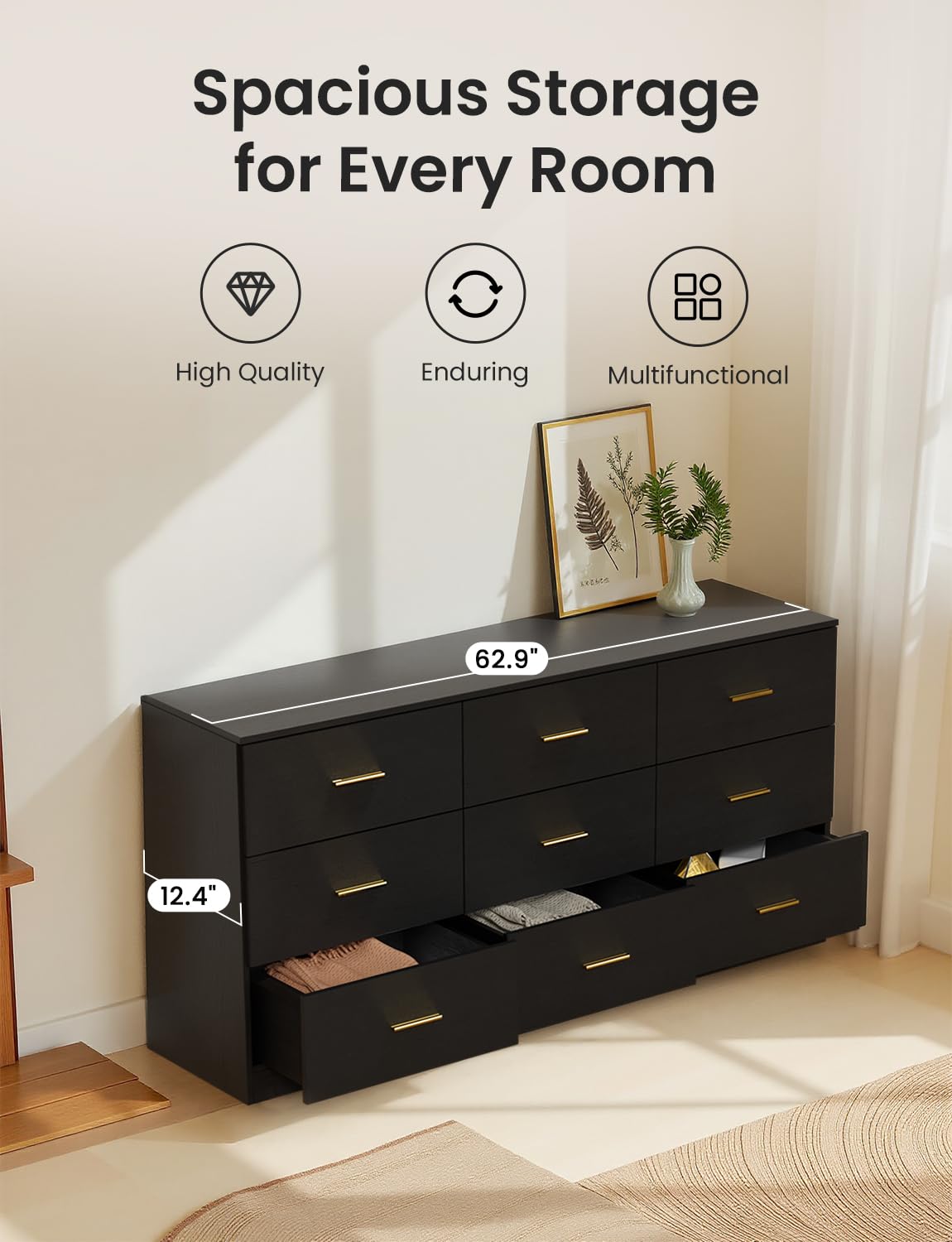 Miscoos 9 Drawer Dresser, 62.9" Large Deep Chest of Drawers,Wooden Dresser Storage Cabinet with 9 Drawers for Bedroom, Long Black Dressers for Living Room, Hallway,Nursery oumebiu