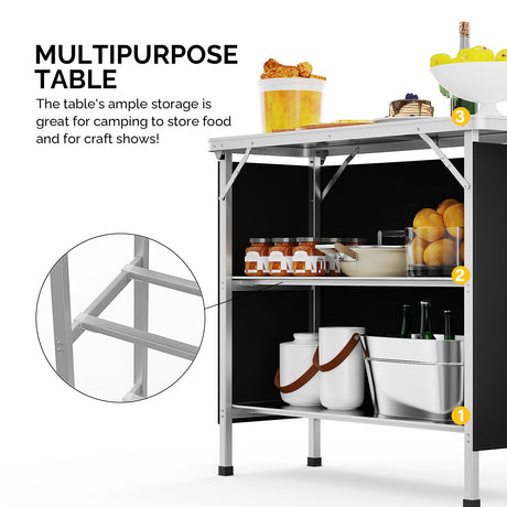 VINGLI Portable Bar Table, 3-Tier Shelves, Mobile Bar Table for Events, Party, Camping, Picnic, Tradeshow, Indoor with Black Skirt, 39 "L x 34" H VINGLI