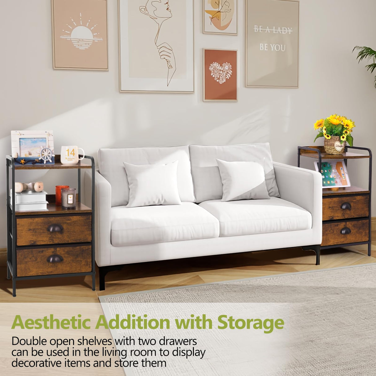 Jixlantuc Night Stand Bedside Table Bedroom Nightstand with Open Shelf Bed Side Table with Fabric Drawers End Table with 2 Drawer Storage Night Stands for Living Room Rustic Brown Black Jixlantuc