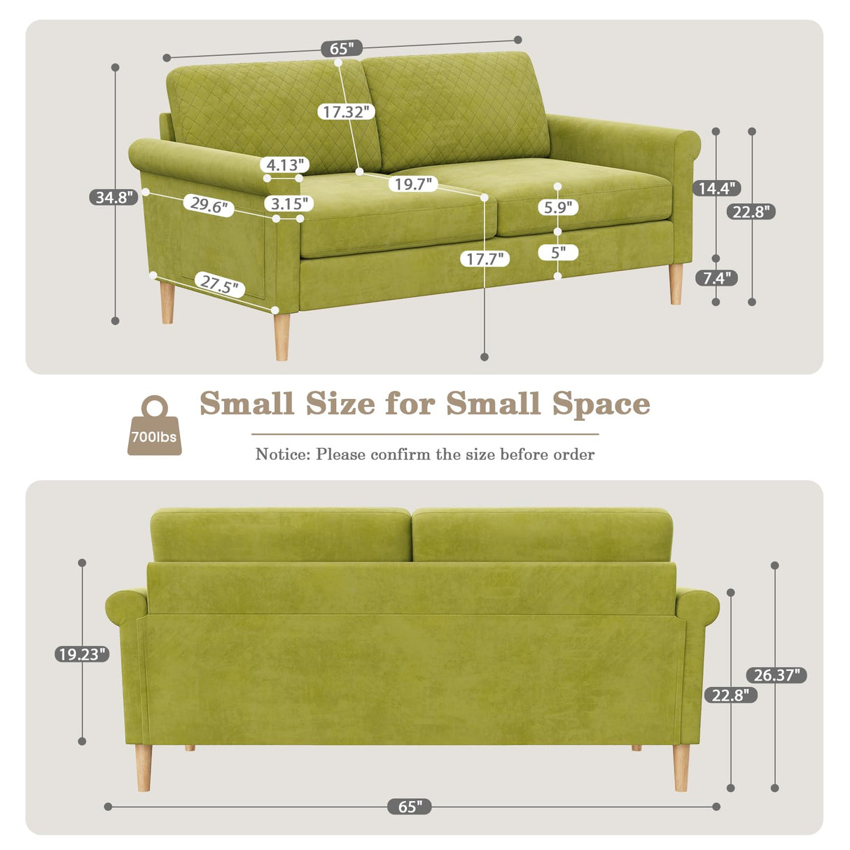 Vesgantti 65" Green Loveseat, Comfy Mid-Century Modern 2-Seat Sofa, No-Tool Assembly Small Couch for Living Room & Bedroom Vesgantti
