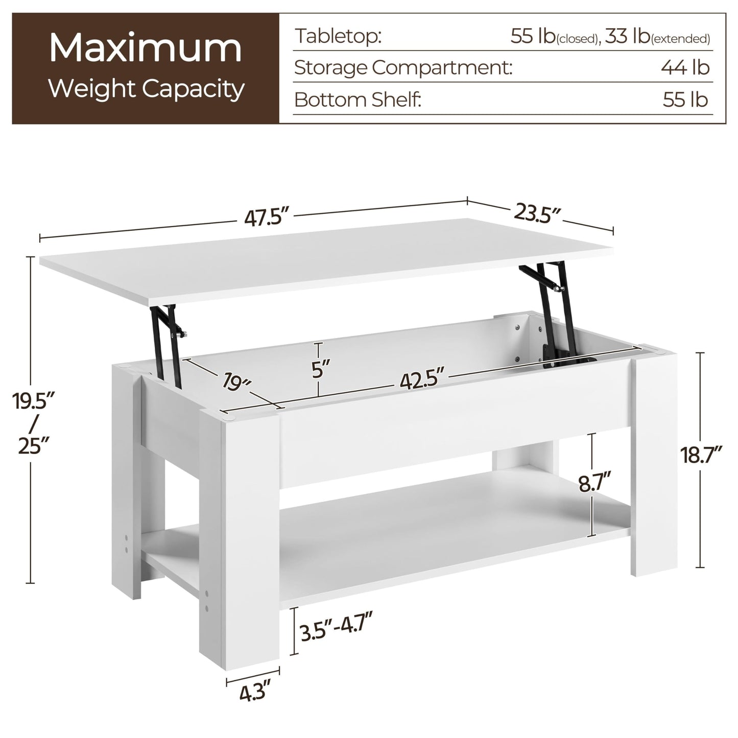 Yaheetech Lift Top Coffee Table with Hidden Compartment and Storage Shelf, Rising Tabletop Dining Table for Living Room Reception Room, 47.5in L, White