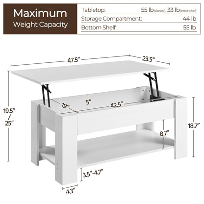 Yaheetech Lift Top Coffee Table with Hidden Compartment and Storage Shelf, Rising Tabletop Dining Table for Living Room Reception Room, 47.5in L, White