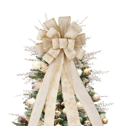 Christmas Tree Topper Bow, 44X12 Inch Artificial Xmas Tree Flower Topper Decor, for Family, Wedding, Birthday Party, Indoor Outdoor Thanksgiving Christmas Decoration - Gold/Snowflake.