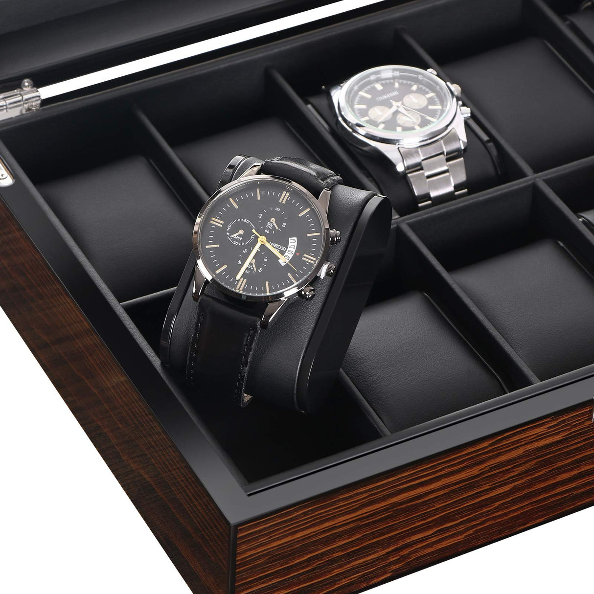 BEWISHOME Watch Box -10 Slot Luxury Wooden Watch Cases for Men Watch Storage with Real Glass Top, Mens Watch Organizer Holder with Removable Pillows, Smooth Faux Leather Interior, Brown SSH10Y BEWISHOME