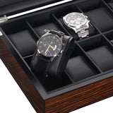 BEWISHOME Watch Box -10 Slot Luxury Wooden Watch Cases for Men Watch Storage with Real Glass Top, Mens Watch Organizer Holder with Removable Pillows, Smooth Faux Leather Interior, Brown SSH10Y BEWISHOME