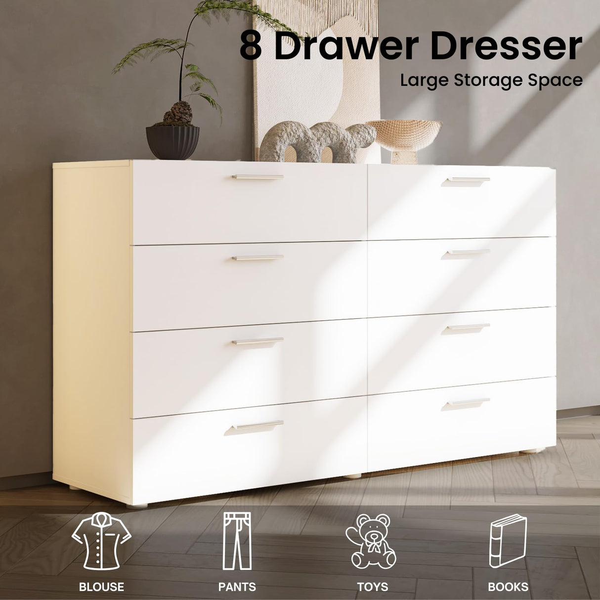 Karl home White Dresser for Bedroom, Wood 8 Drawer Dresser Chest of Drawers, 55 Inch Dresser Bedroom Furniture, Large Dresser Storage Chest with Deep Drawers, TV Stand, 55.1" X 15.7" X 31.5" Karl home
