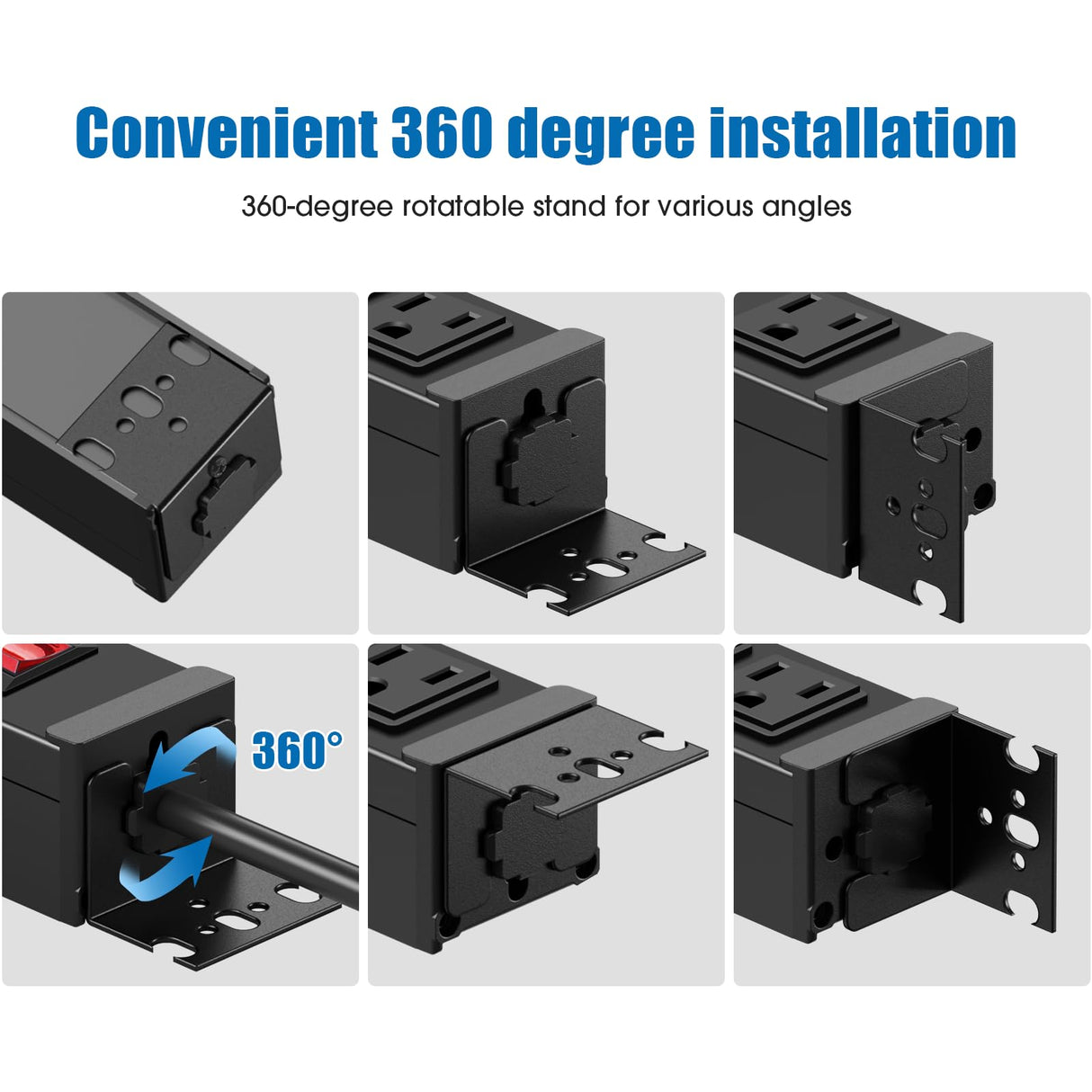 HHSOET Rotating Mountable Power Strip, 12 Outlet Wall Mount Surge Protector, Metal Heavy Duty and Versatile Outlet Strip, Stylish Appearance, Sturdy and Durable, 6ft Power Cord.(Black) HHSOET