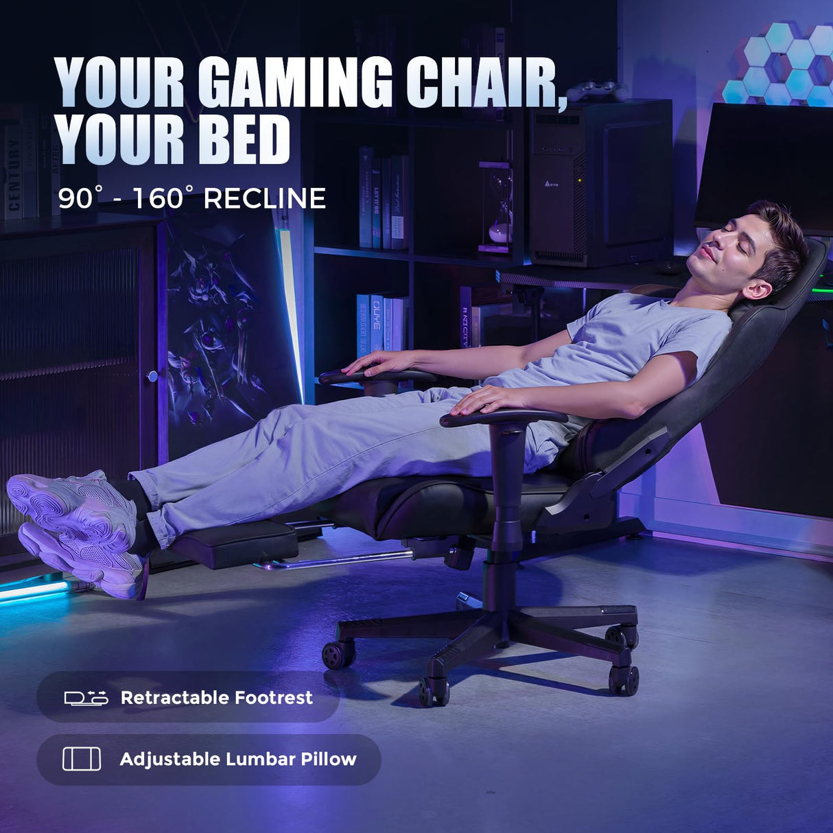 GTRACING Gaming Chair with Footrest, Racing Style Computer Chair for Adult, Adjustable Reclining Backrest and Lumbar Support, Stylish High Back Chair for Gaming and Office (Black) GTRACING