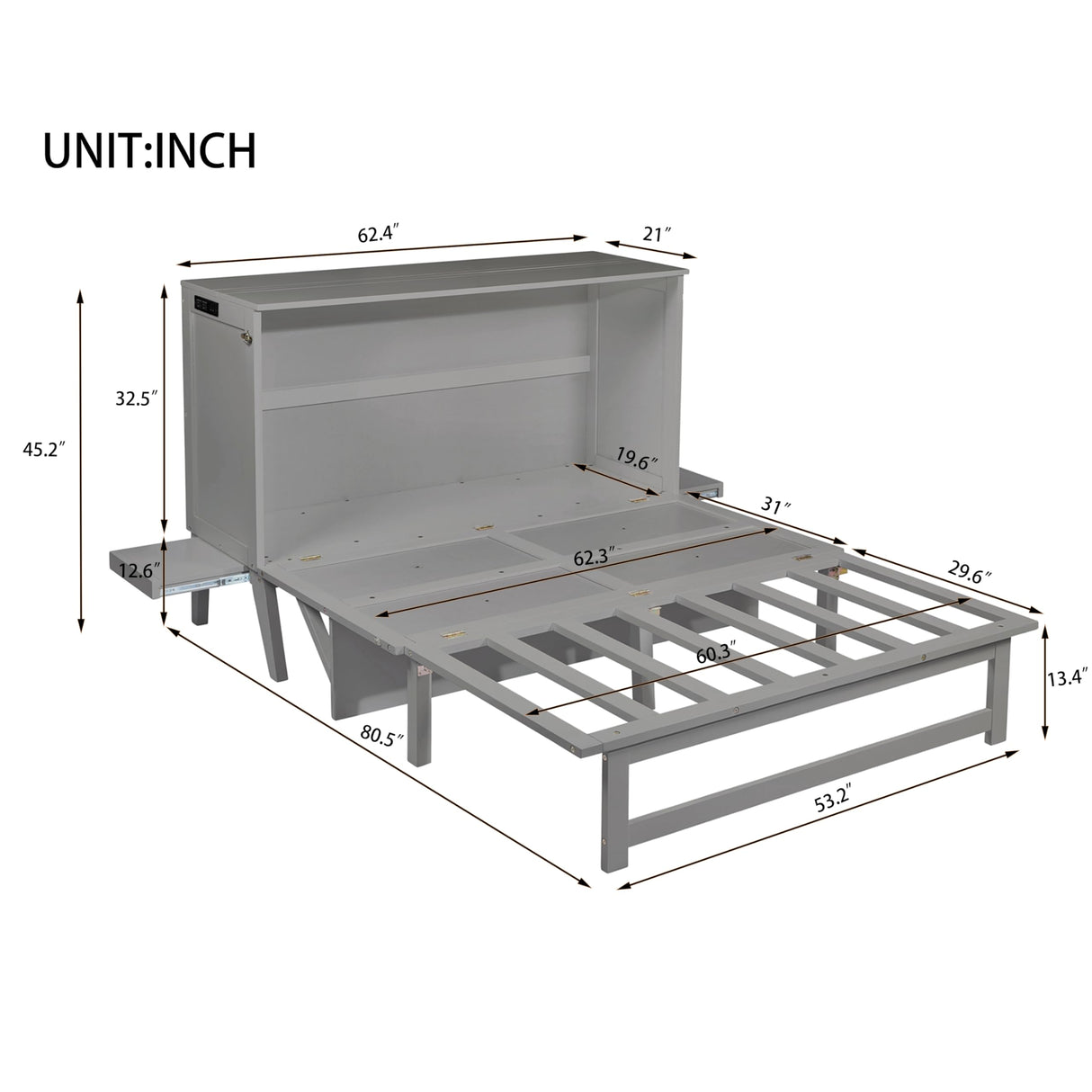 KEIKI Queen Size Murphy Bed with USB Port and Removable Shelves on Each Side, Solid Pine Murphy Cabinet Bed for Home Office, Guest Room,Grey KEIKI