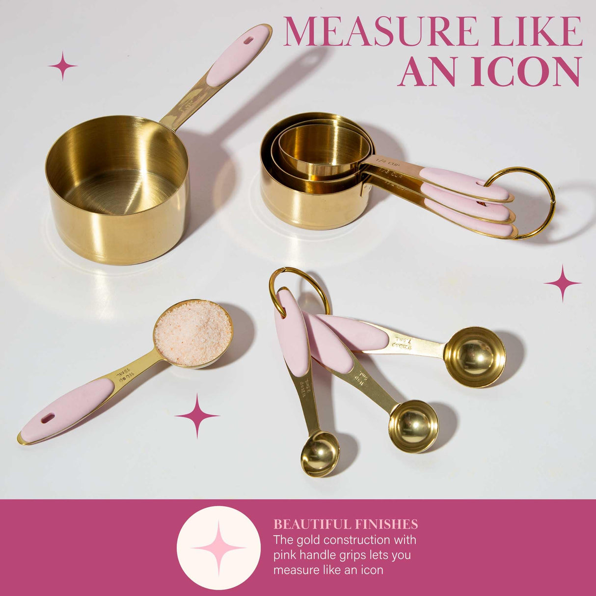 Paris Hilton Measuring Cups and Spoons Set, Stainless Steel with Pink Silicone Inset Handle, Dishwasher Safe, For Dry and Liquid Ingredients, 8-Piece Set, Gold and Pink Paris Hilton