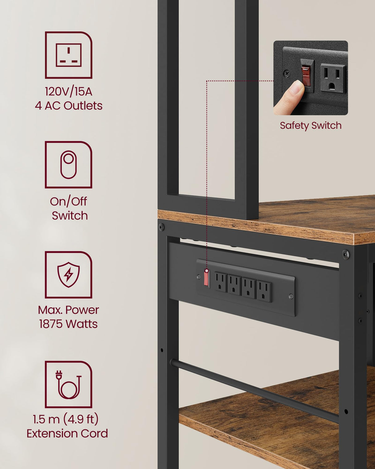 VASAGLE Bakers Rack with Charging Station, Coffee Bar with Adjustable Storage Shelves, Fabric Drawer, 12 Hooks, 15.7 x 31.5 x 71 Inches, Kitchen Microwave Stand, Rustic Brown and Ink Black UKKS015K01 VASAGLE