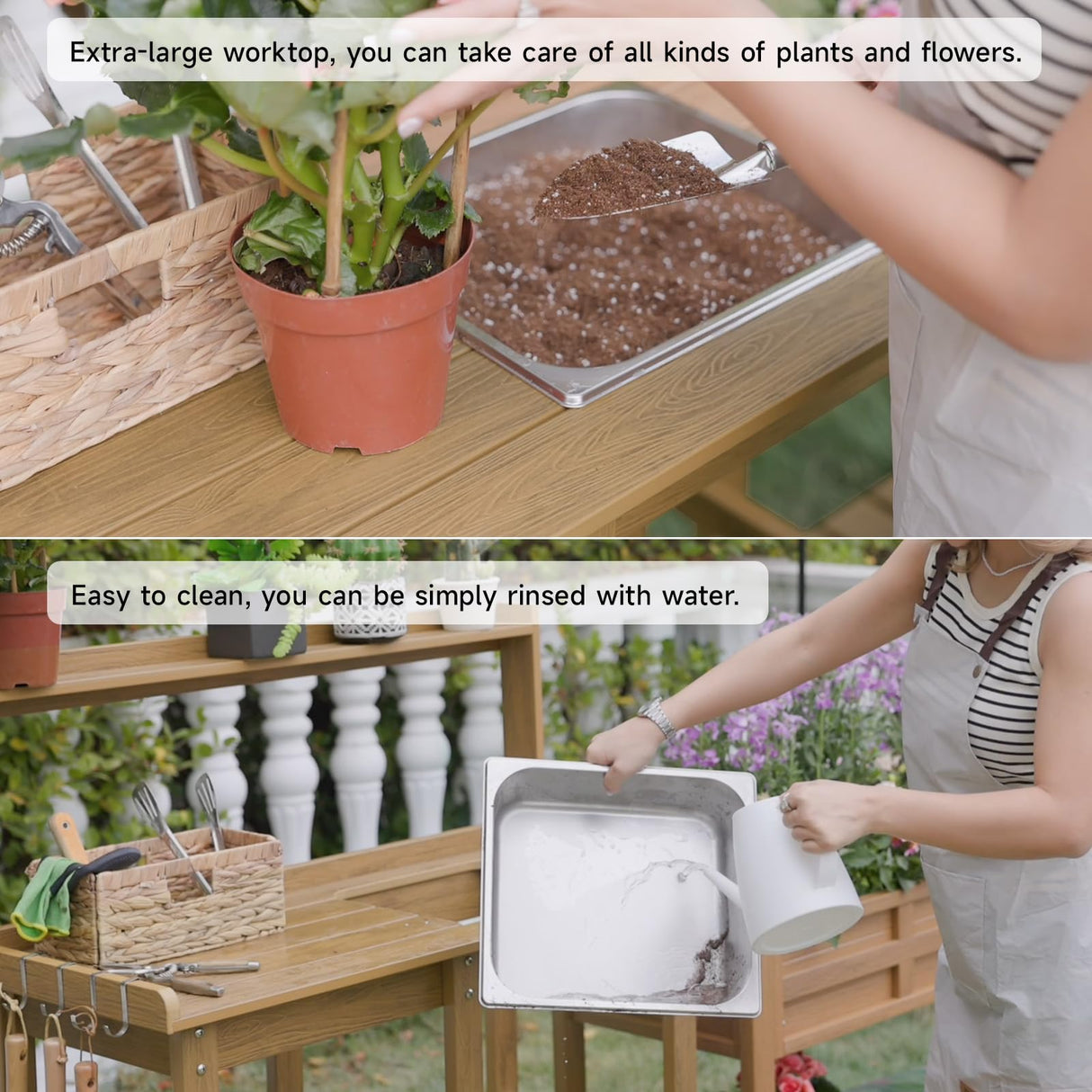 ONBRILL Potting Bench, Outdoor Potting Bench Table with Removable Sink, HDPS Potting Benches for Outside, Garden Table with Storage Shelves & 4 Side Hooks, No Rot, No Fade, No Break, 360lbs Capacity ONBRILL