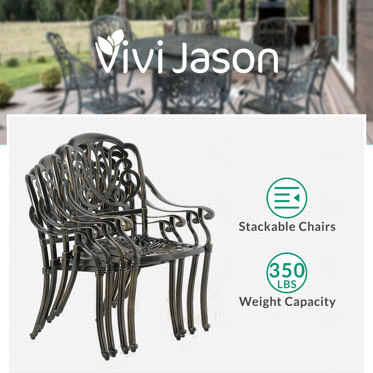 VIVIJASON 9-Piece Patio Furniture Dining Set, Rust-Free Cast Aluminum Outdoor Conversation Set, Include 8 Cushioned Chairs & 61" Round Dining Table with 31" Lazy Susan, Umbrella Hole, Khaki VIVIJASON