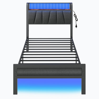 Furnulem Twin Size Bed Frame with LED Lighting, Charging Station, and Upholstered Storage Headboard in Grey - WoodArtSupply