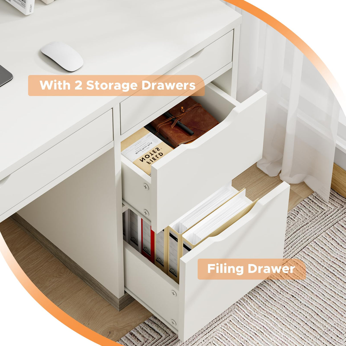 MaverickFurni White Desk with 4 Drawers, Small Desk with Storage, White Computer Desk with Filing Cabinet, Small Desks for Kids, Home Office Desk with Drawers, Bedroom, Small Space MaverickFurni