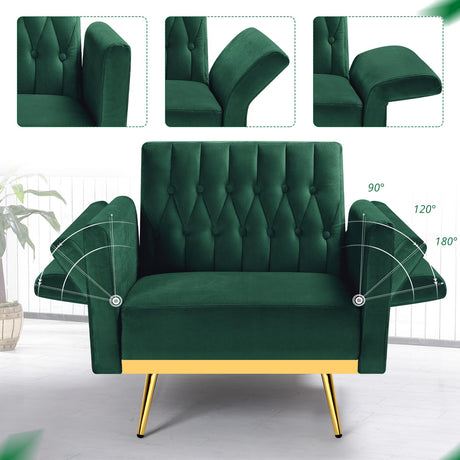ACMEASE Velvet Accent Chair with Adjustable Armrests and Backrest, Button Tufted Lounge Chair, Single Recliner Armchair with Ottoman and Pillow for Living Room, Bedroom, Green ACMEASE