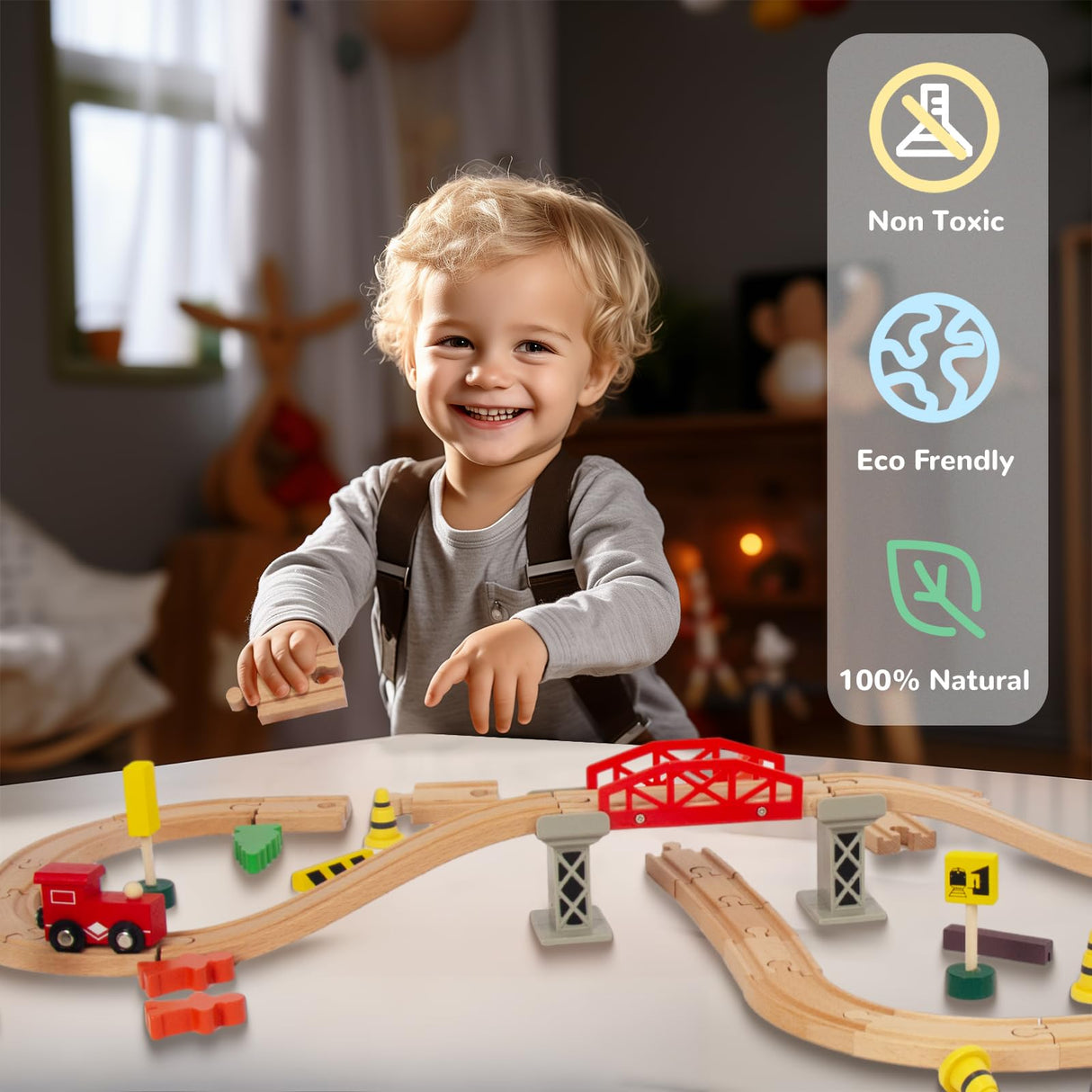 WoodenEdu 60Pcs Train Set for Toddlers, Bridge & Double-Side Wooden Train Set Tracks, Fits Brio, Thomas, Melissa and Doug, Kids Gift Toys for 3 4 5 Years Old Boys Girls WoodenEdu