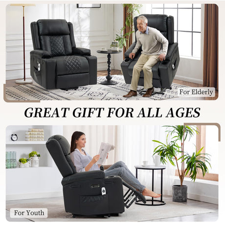 ACFOUL Power Lift Recliner Chair for Elderly with Vibration Massage and Lumbar Heating, Electric Oversized Leather Single Sofa with Cup Holders and USB & Type C Ports for Living Room, Black ACFOUL
