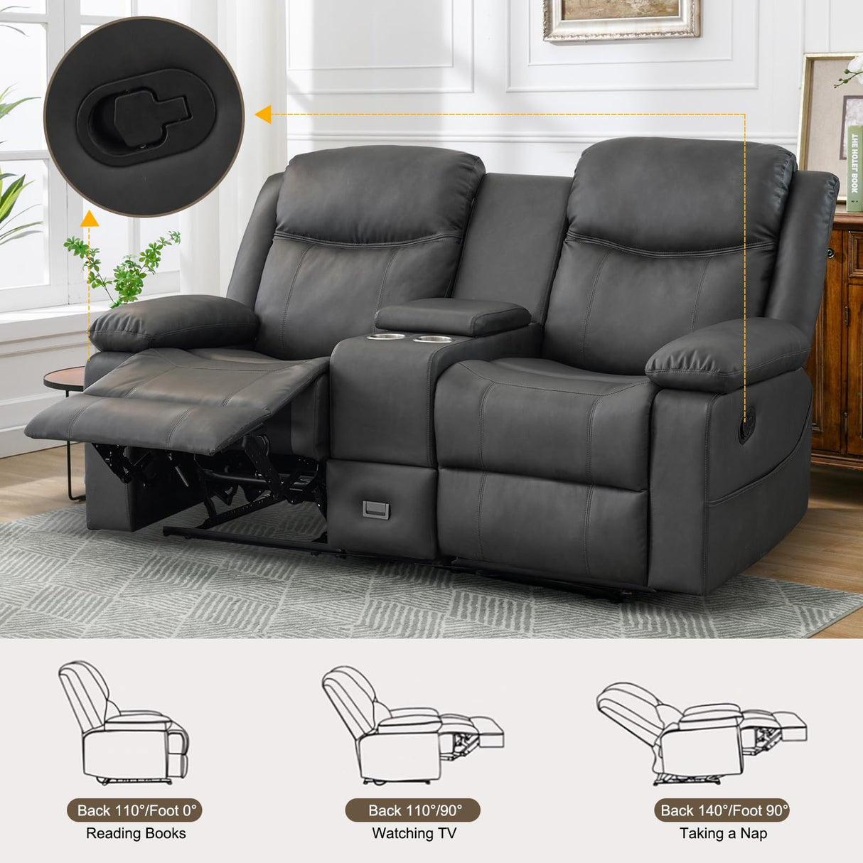 B BAIJIAWEI Loveseat Recliner, Reclining Sofa with Console, Double Reclining Couch, 2 Seater Manual Massage Couch for Living Room, Office, Home Theater(PU-Grey) B BAIJIAWEI