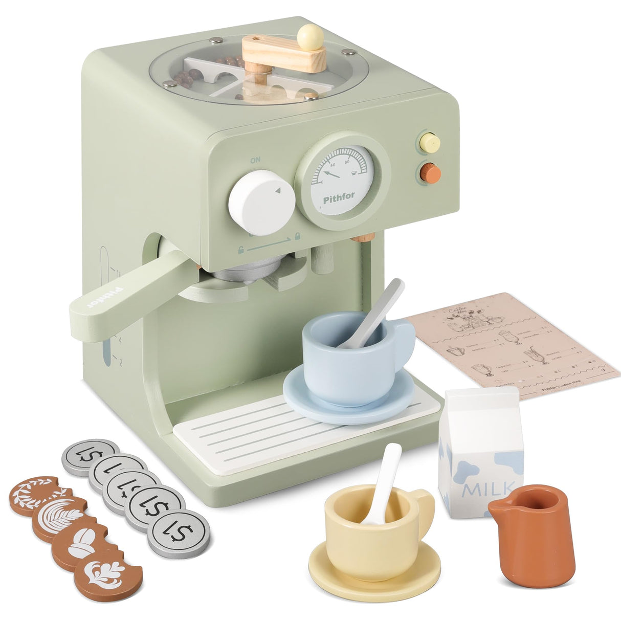 Pithfor Kids Wooden Coffee Maker Toy with Grinder, Pretend Play Kitchen Appliances & Accessories Toy Gift for Kids Toddlers Boys Girls Pithfor