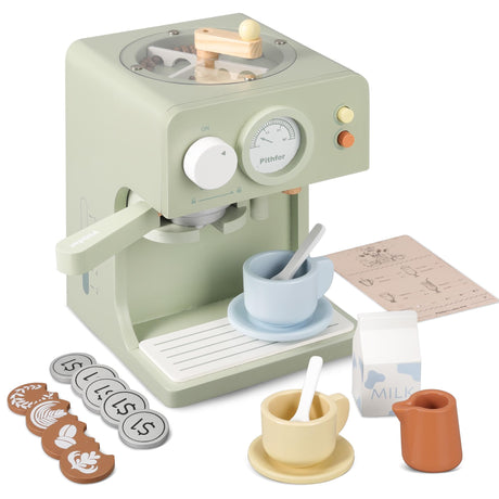 Pithfor Kids Wooden Coffee Maker Toy with Grinder, Pretend Play Kitchen Appliances & Accessories Toy Gift for Kids Toddlers Boys Girls Pithfor
