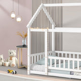 LLS Full Size White Montessori House Bed Frame with Roof and Safety Fence LLS